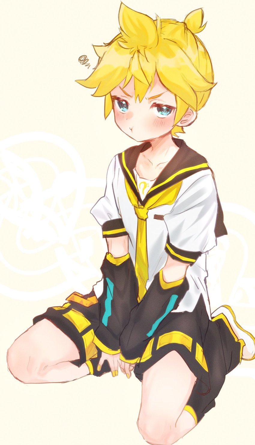 1boy, :i, arm_warmers, bass_clef, between_legs, black_sailor_collar, black_shorts, blonde_hair, blue_eyes, blush, collarbone, commentary, hand_between_legs, highres, kagamine_len, leg_warmers, looking_at_viewer, male_focus, nail_polish, necktie, ponytail, pout, sailor_collar, sat00e, school_uniform, seiza, shirt, short_ponytail, short_sleeves, shorts, sitting, solo, spiked_hair, squiggle, v-shaped_eyebrows, vocaloid, white_shirt, yellow_background, yellow_nails, yellow_necktie