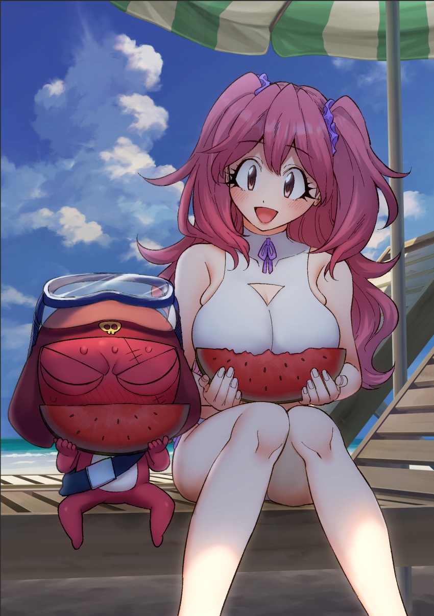 1girl, absurdres, belt, bikini, blush, breasts, eating, food