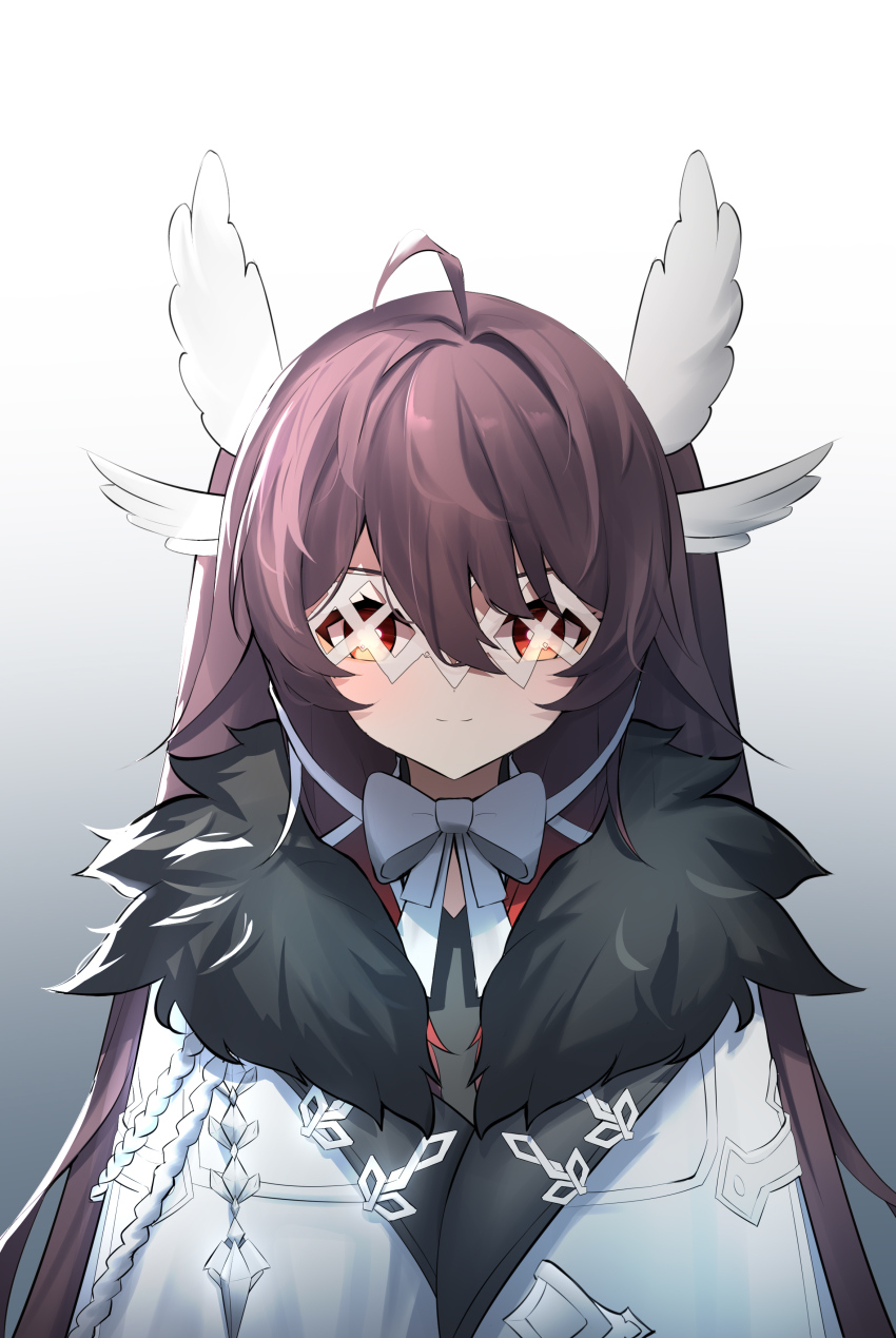 1girl, absurdres, ahoge, alternate_costume, blush, brown_hair, coat, columbina_(genshin_impact), columbina_(genshin_impact)_(cosplay), cosplay, costume_switch, fatui_coat, flower-shaped_pupils, genshin_impact, hair_between_eyes, highres, hu_tao_(genshin_impact), looking_at_viewer, qixia, red_eyes, sidelocks, simple_background, symbol-shaped_pupils