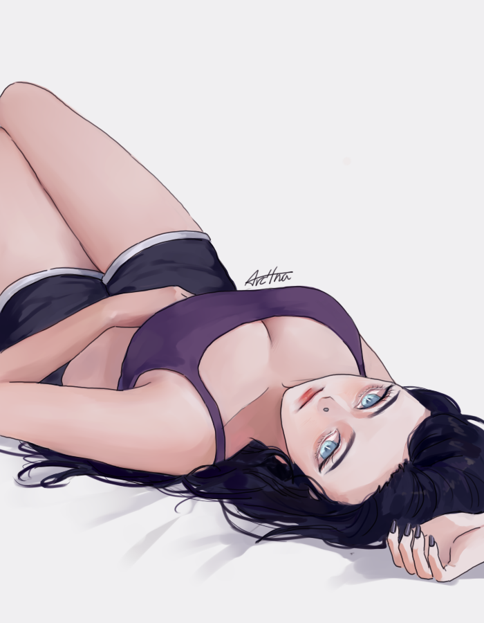 1girl, animification, apex_legends, arc4na, black_hair, black_shorts, blue_eyes, face_piercing, grey_background, looking_at_viewer, lying, nail_polish, nose_piercing, on_back, open_hand, piercing, purple_nails, purple_sports_bra, shorts, signature, solo, sports_bra, upside-down, wraith_(apex_legends)