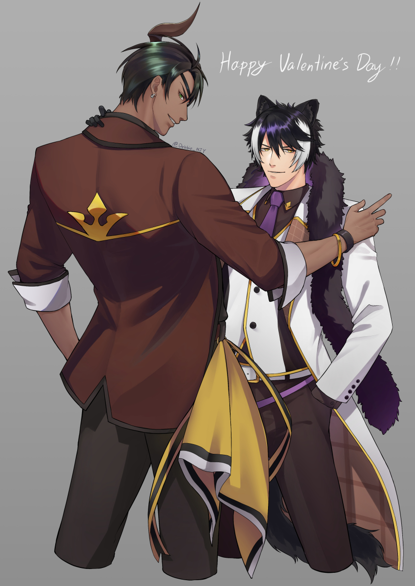 >:), 2boys, absurdres, animal_ears, aragami_oga, belt, black_gloves, black_hair