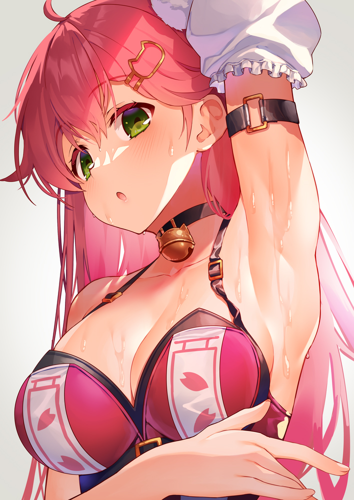 1girl, :o, ahoge, arm_up, armpits, bell, blush, breasts