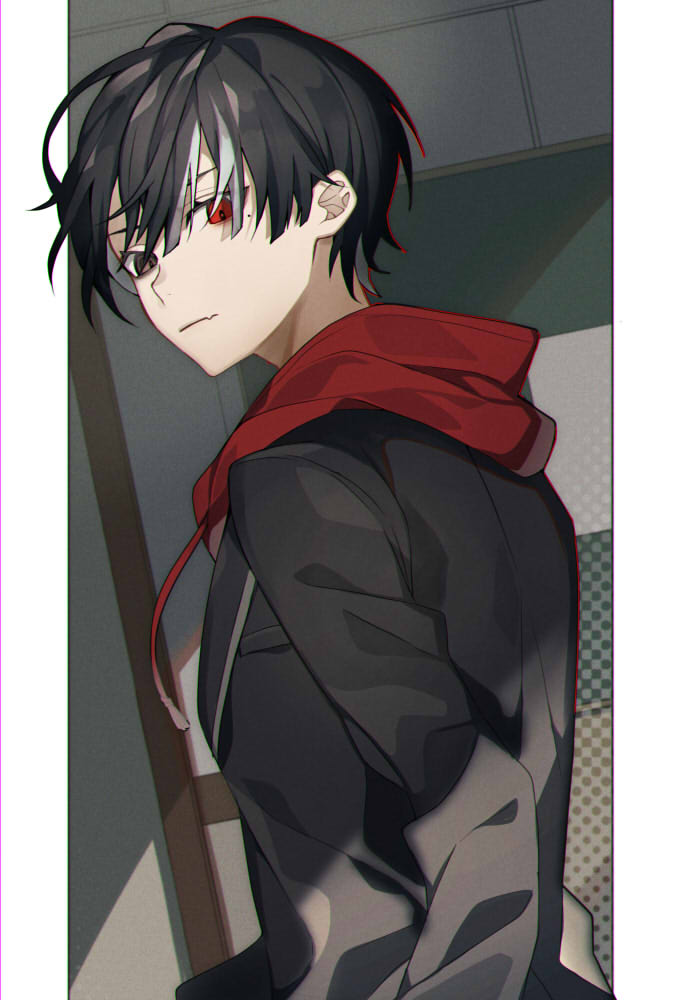 1boy, aged_down, black_hair, fang, grey_eyes, kiragera, kuzuha_(12th_costume)_(nijisanji), kuzuha_(nijisanji)