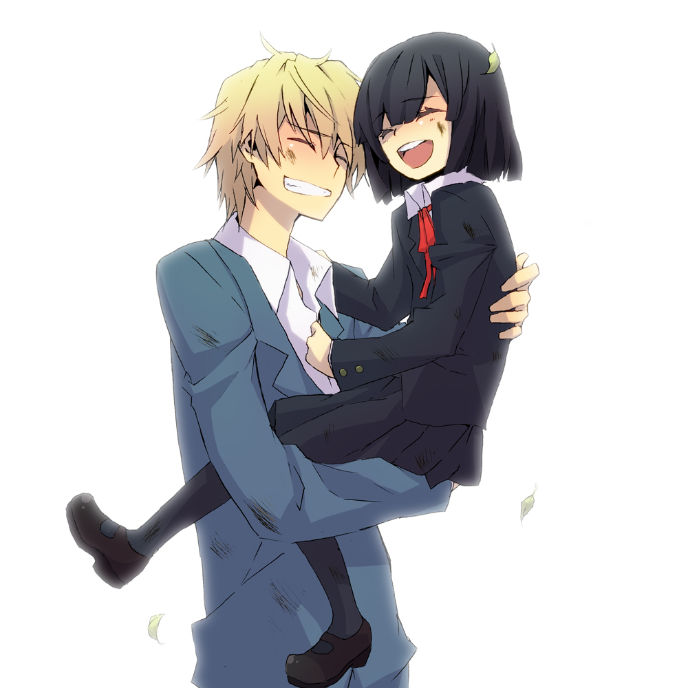 1boy, 1girl, awakusu_akane, black_hair, blonde_hair, carrying, durarara!!, closed_eyes
