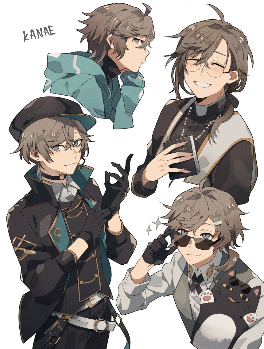 1boy, adjusting_clothes, adjusting_eyewear, adjusting_gloves, black_choker, black_gloves, book, brown_hair