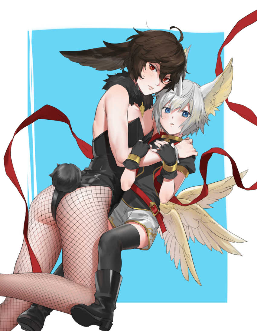 2boys, ahoge, androgynous, armpit_crease, ass, belt, black_footwear, black_leotard