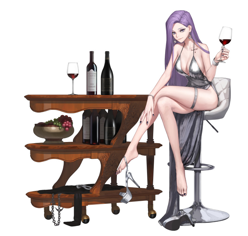 1girl, absurdres, artist_request, bad_source, black_survival, bottle, breasts, chair