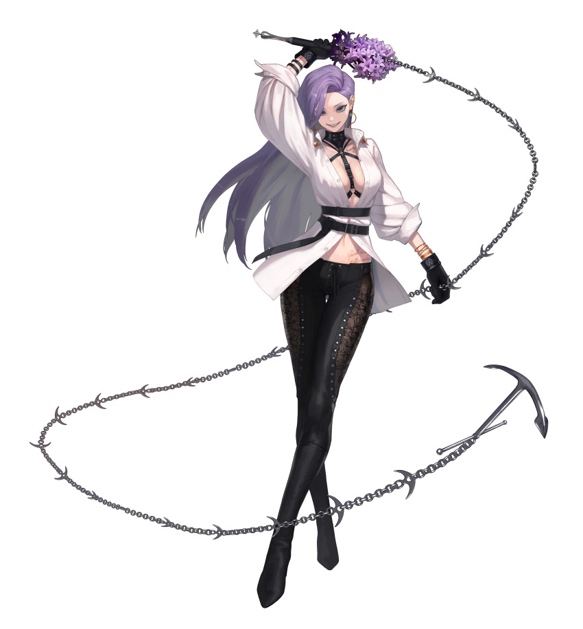 1girl, absurdres, arm_up, artist_request, bad_source, black_gloves, black_pants, black_survival