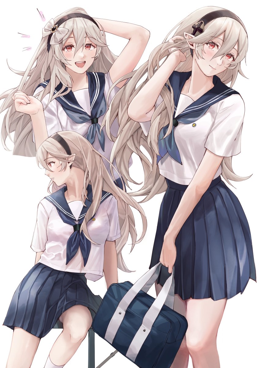 1girl, absurdres, alternate_costume, arm_up, bag, blonde_hair, blue_necktie, blue_serafuku