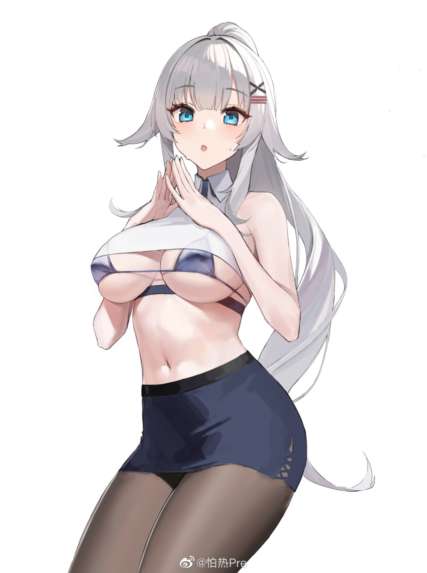 1girl, bare_arms, bare_shoulders, bikini, bikini_top_only, black_bikini, black_skirt, blue_eyes