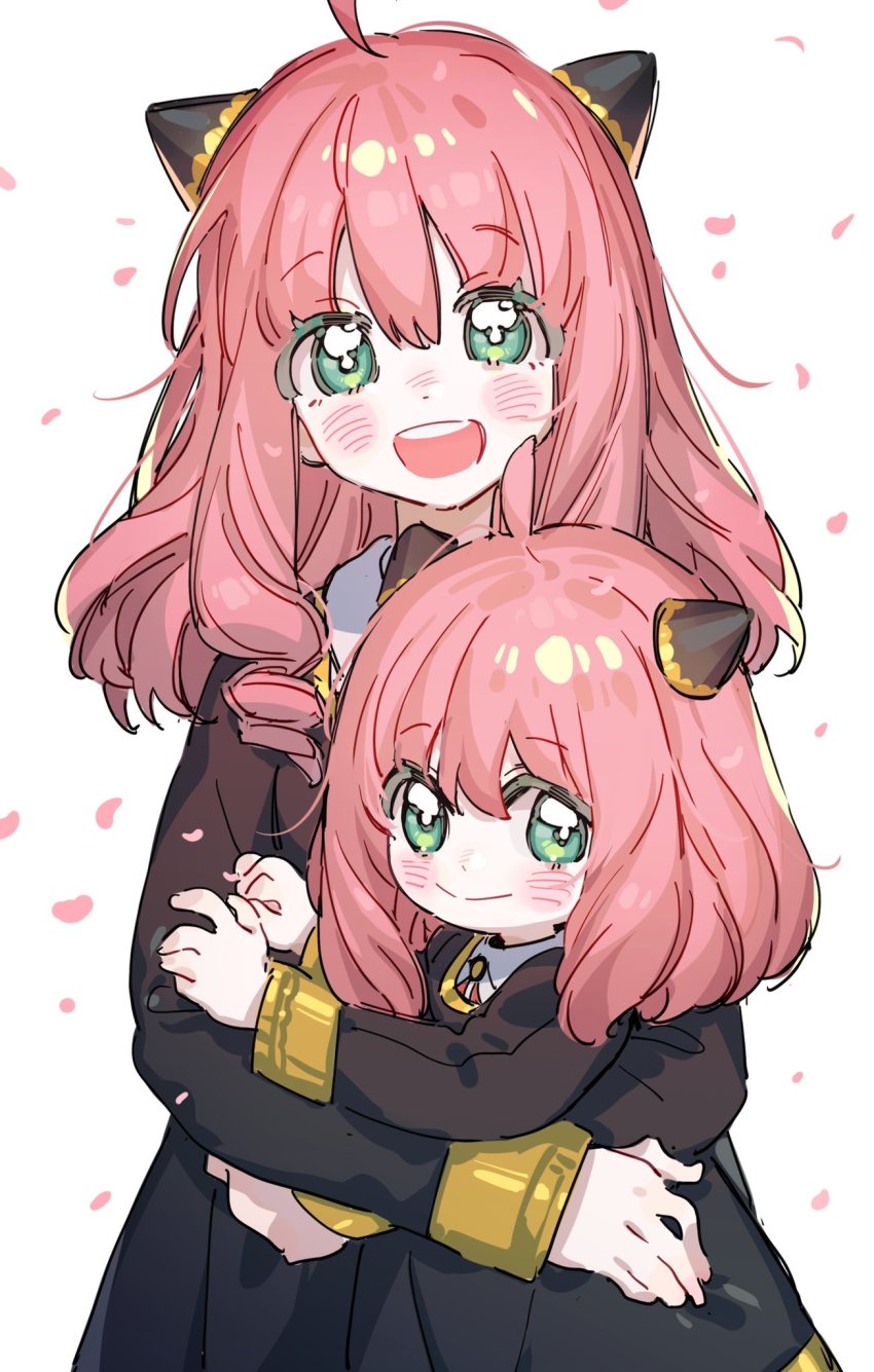 2girls, :d, aged_up, ahoge, anya_(spy_x_family), black_dress, child, collared_shirt, curly_hair, dress, eden_academy_school_uniform, gold_trim, green_eyes, hair_between_eyes, hairpods, highres, hug, keita_kg85, medium_hair, multiple_girls, neck_ribbon, open_mouth, pink_hair, red_ribbon, ribbon, school_uniform, shirt, simple_background, smile, spy_x_family, time_paradox, white_background, white_shirt