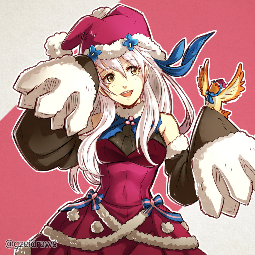1girl, :d, adapted_costume, animal_on_arm, bare_shoulders, bird, bird_on_arm, cosplay, detached_sleeves, dress, fire_emblem, fire_emblem:_radiant_dawn, fire_emblem_heroes, fur_trim, grey_hair, gzei, hair_between_eyes, hair_ribbon, half_updo, hat, highres, long_hair, long_sleeves, looking_to_the_side, micaiah_(fire_emblem), mirabilis_(fire_emblem), mirabilis_(fire_emblem)_(cosplay), nightcap, nintendo, open_mouth, pom_pom_(clothes), purple_dress, purple_hat, ribbon, simple_background, sleeveless, sleeveless_dress, sleeves_past_fingers, sleeves_past_wrists, smile, solo, turtleneck, turtleneck_dress, twitter_username, two-tone_background, upper_body, yellow_eyes, yune_(fire_emblem)