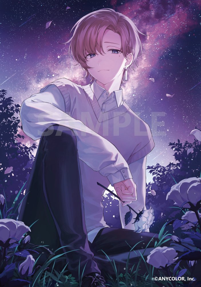 1boy, closed_mouth, collared_shirt, company_name, copyright_notice, earrings, flower, grey_eyes