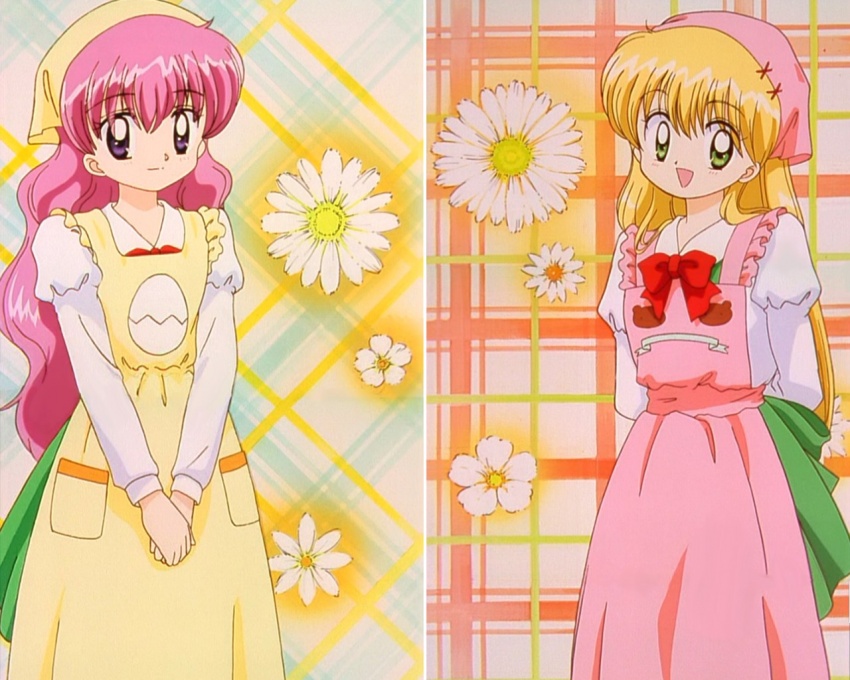 apron, blonde_hair, bow, daa!_daa!_daa!, green_eyes, hanakomachi_christine, kouzuki_miyu, long_hair, pink_hair, purple_eyes, school_uniform