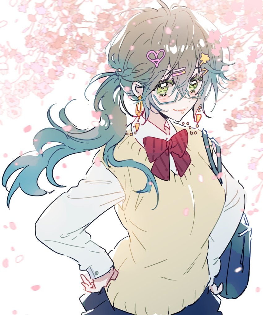 bag, blue_hair, blue_skirt, bow, cherry_blossoms, collared_shirt, crossed_bangs, genderswap