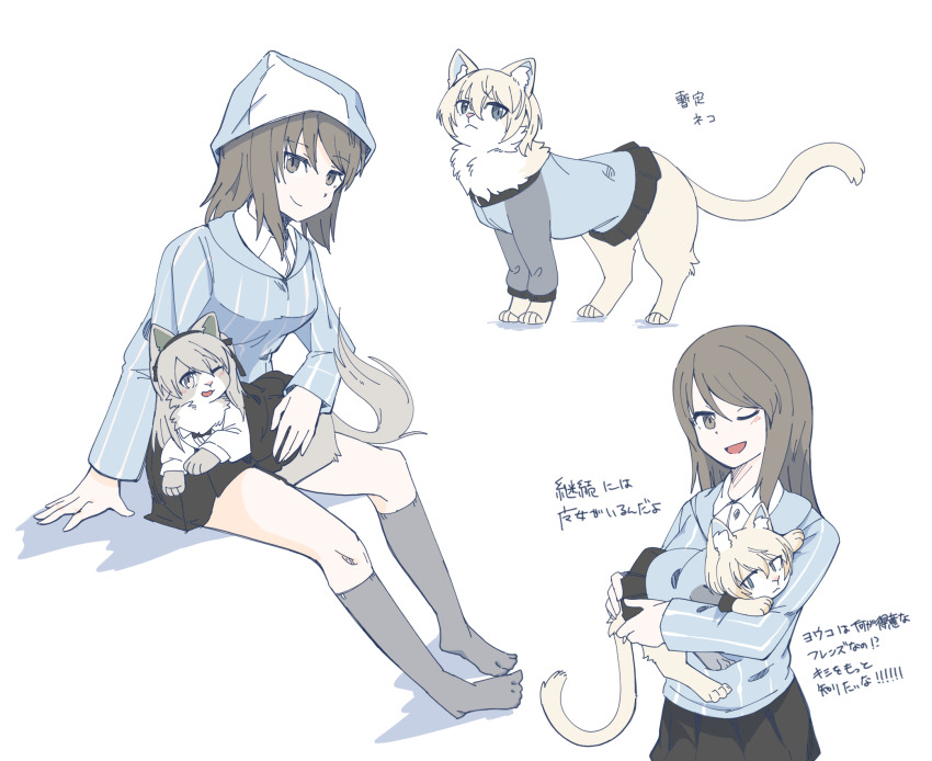 animal, animal_on_lap, animalization, black_ribbon, black_skirt, blue_eyes, blue_headwear, blue_jacket, blue_shirt, brown_eyes, brown_hair, cat, closed_mouth, commentary, dress_shirt, girls_und_panzer, grey_hair, grey_skirt, hair_ribbon, hasekura_(hachinochun), hat, highres, holding, holding_animal, jacket, keizoku_military_uniform, keizoku_school_uniform, kneehighs, light_brown_hair, long_sleeves, looking_at_viewer, mika_(girls_und_panzer), miniskirt, missing_headwear, no_shoes, on_lap, one_eye_closed, open_mouth, pleated_skirt, raglan_sleeves, ribbon, school_uniform, shimada_arisu, shirt, short_hair, simple_background, sitting, skirt, smile, socks, standing, striped_clothes, striped_shirt, trail, tulip_hat, vertical-striped_clothes, vertical-striped_shirt, white_background, white_shirt, wing_collar, youko_(girls_und_panzer)