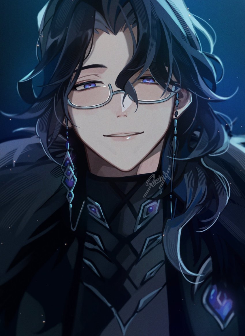 1boy, black_coat, black_hair, blue_eyes, coat, commentary, english_commentary, eyewear_strap