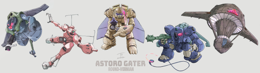 1980s_(style), 2022, absurdres, aircraft, alien, arm_cannon, arv-f_jago, astrogator_round_vernian, beam_rifle, cable, claws, dated, energy_cannon, energy_gun, ginga_hyouryuu_vifam, highres, kujira_gunsou, kuktonian, machinery, mecha, oldschool, one-eyed, red_eyes, retro_artstyle, robot, ruzarga, science_fiction, sensor, signature, spacecraft, thrusters, weapon, wug