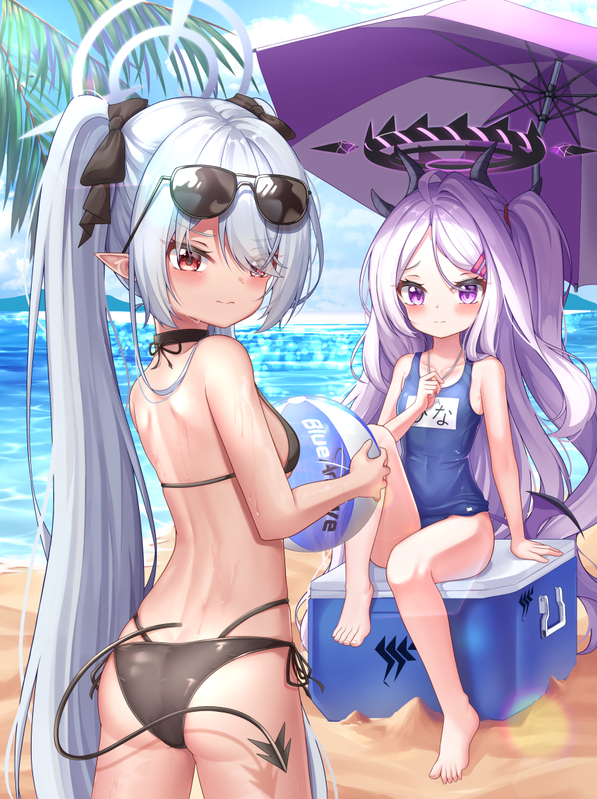 2girls, absurdres, apple_mango, ass, barefoot, beach, bikini, black_bikini, blue_archive, blue_one-piece_swimsuit, blush, breasts, cloud, demon_tail, demon_wings, eyewear_on_head, feet, hair_ornament, hairclip, halo, highres, hina_(blue_archive), horns, iori_(blue_archive), knee_up, legs, long_hair, looking_back, low_wings, multi-strapped_bikini_bottom, multiple_girls, name_tag, ocean, old_school_swimsuit, one-piece_swimsuit, one_side_up, outdoors, pink_eyes, pointy_ears, red_eyes, ribbon, school_swimsuit, sideboob, sitting, sky, small_breasts, sunglasses, swimsuit, tail, thighs, toes, twintails, very_long_hair, white_hair, wings