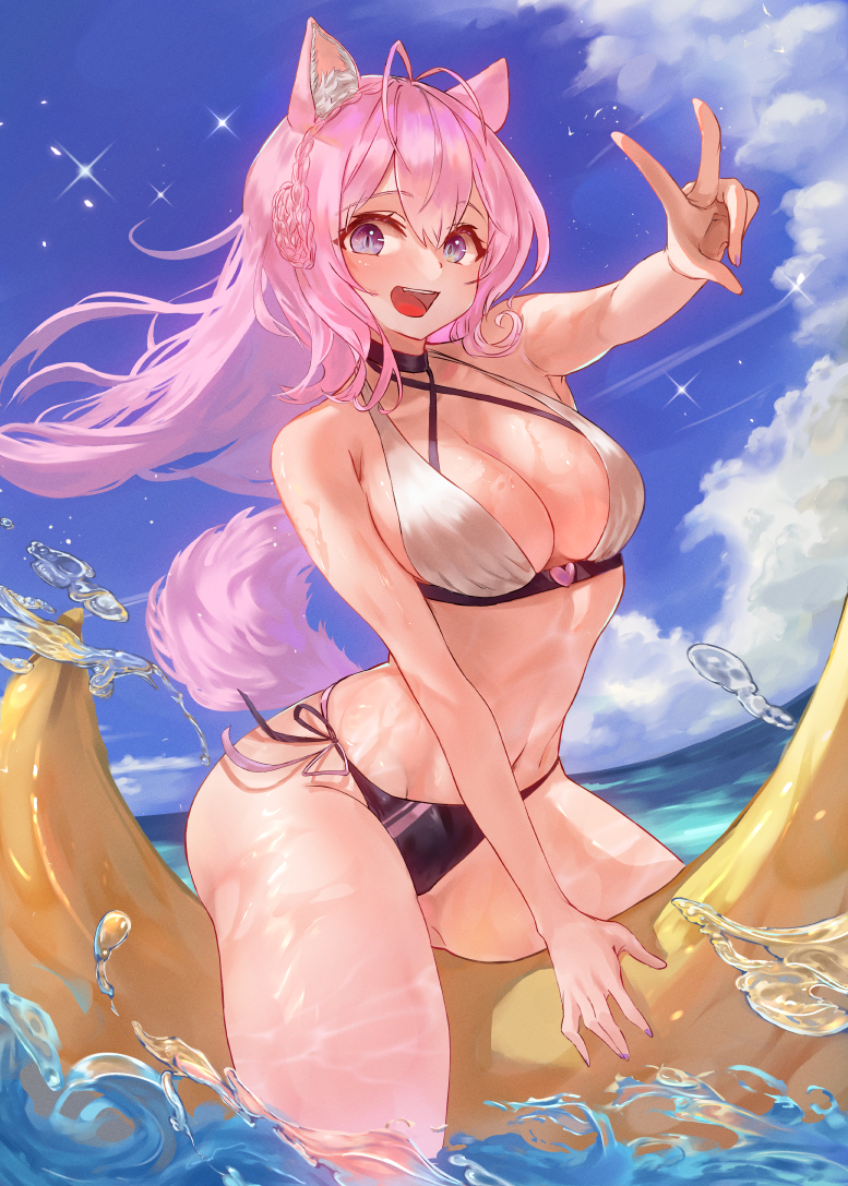 1girl, ahoge, animal_ears, aya_tarou, banana_boat, bikini, braid, breasts, cloud, crown_braid, hakui_koyori, hololive, large_breasts, long_hair, multicolored_bikini, nail_polish, navel, ocean, open_mouth, pink_hair, purple_eyes, purple_nails, side-tie_bikini_bottom, slit_pupils, swimsuit, tail, two-tone_bikini, v, virtual_youtuber, water, wolf_ears, wolf_tail
