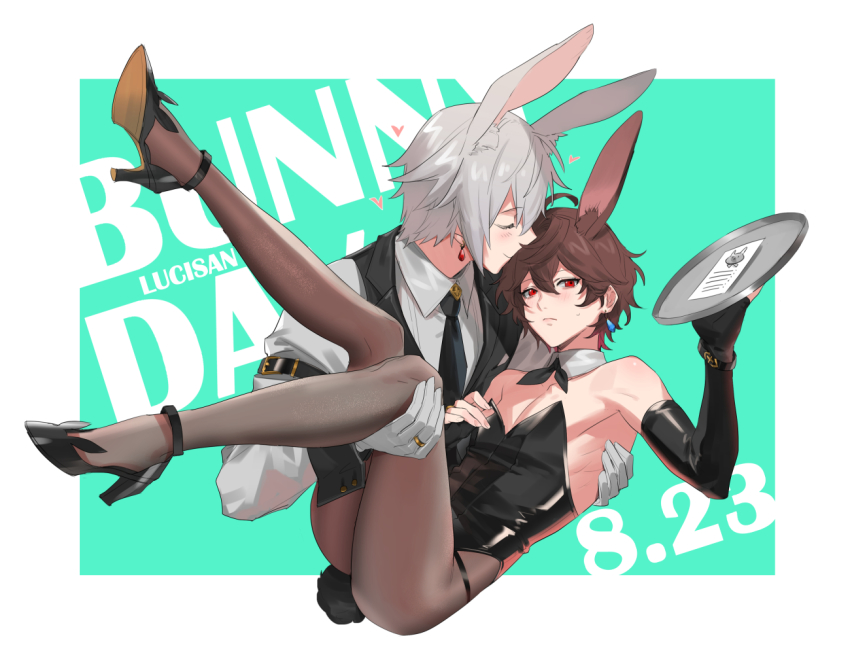2boys, ahoge, androgynous, animal_ears, black_footwear, black_leotard, black_vest, blush