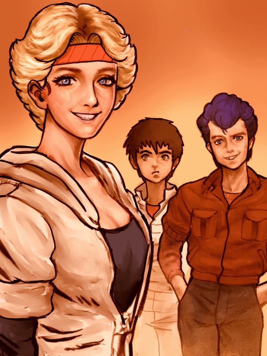 1980s_(style), 1990s_(style), 1girl, 2boys, age_difference, bandana, barts_lyan, blonde_hair