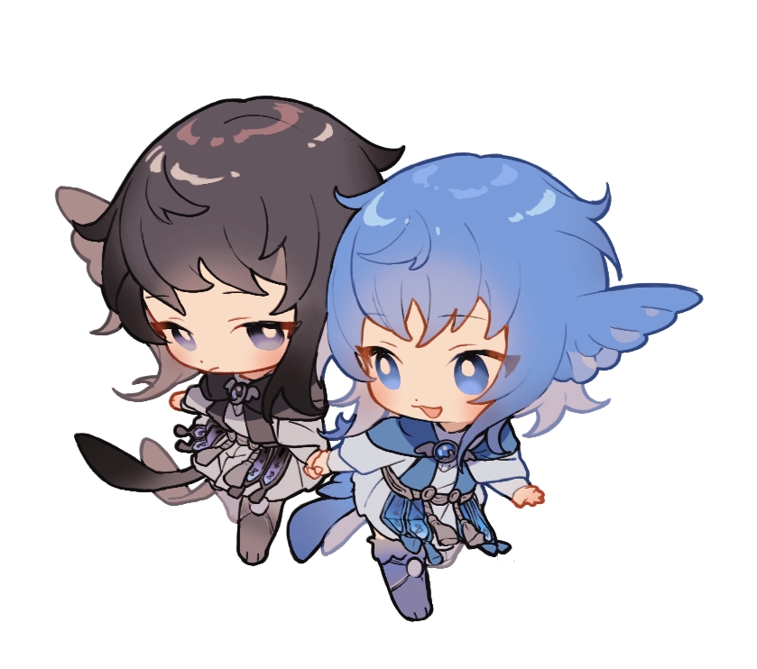 2girls, :/, bird_girl, bird_legs, bird_tail, bird_wings, black_capelet, black_eyes