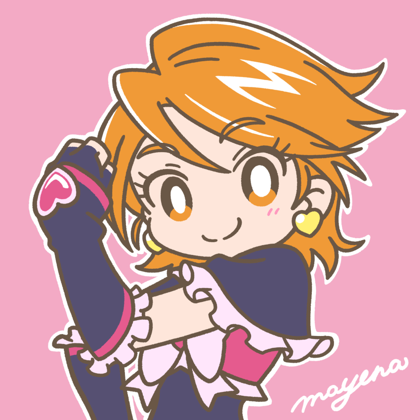 artist_name, bow, brown_eyes, brown_hair, clenched_hand, cure_black, earrings, frills, futari_wa_precure, gloves, heart, heart_earrings, highres, jewelry, looking_at_viewer, magical_girl, mayena, misumi_nagisa, pink_background, precure, short_hair, simple_background, smile, upper_body