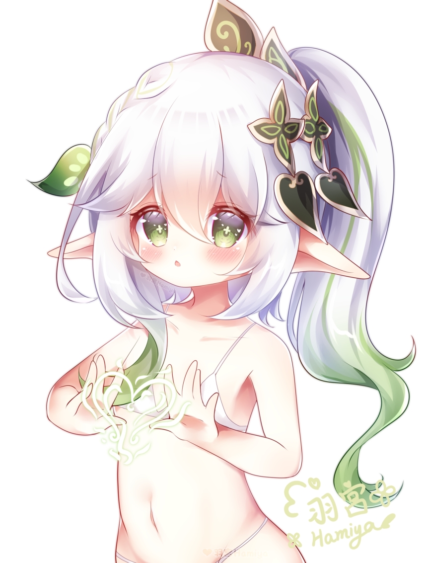 1girl, bikini, blush, braid, breasts, female_focus, genshin_impact, gradient_hair, green_eyes, hair_ornament, hamiyamiko, heart, highres, loli, long_hair, multicolored_hair, nahida_(genshin_impact), navel, pointy_ears, ponytail, small_breasts, solo, swimsuit, upper_body, white_bikini, white_hair
