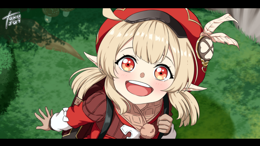 1girl, :d, ahoge, anime_coloring, backpack, bag, brown_gloves, brown_scarf