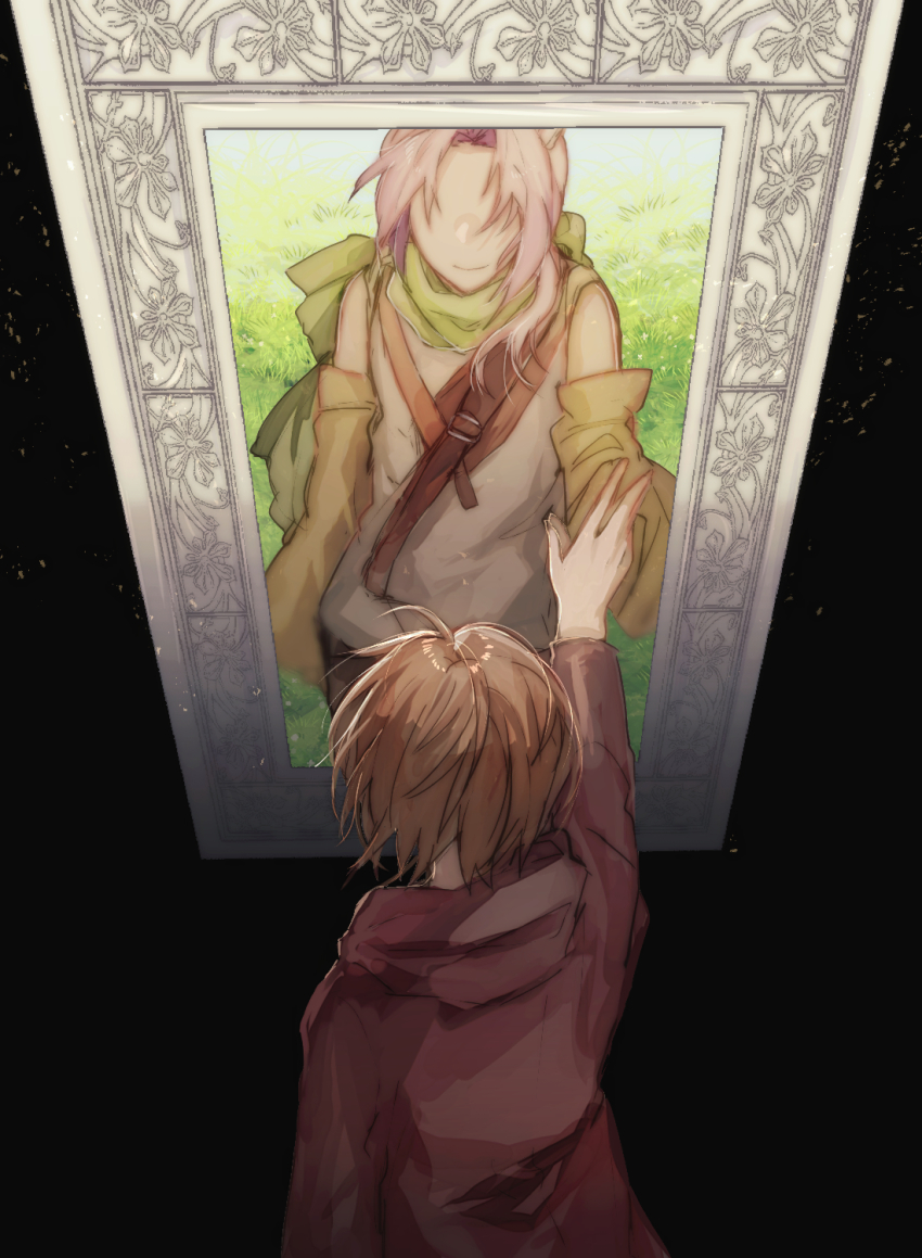 2boys, belt, belt_buckle, brown_belt, brown_hair, buckle, commentary_request, detached_sleeves