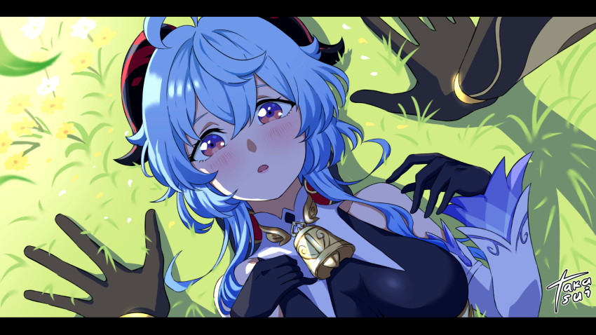 1boy, 1girl, aether_(genshin_impact), ahoge, bell, black_bodysuit, black_gloves, blue_hair, bodysuit, commentary_request, cowbell, detached_sleeves, elbow_gloves, from_above, ganyu_(genshin_impact), genshin_impact, gloves, grass, hair_between_eyes, highres, horns, letterboxed, long_hair, long_sleeves, looking_at_viewer, looking_up, low_ponytail, lying, neck_bell, on_back, orange_eyes, out_of_frame, ponytail, pov, sidelocks, takamizawa_usui