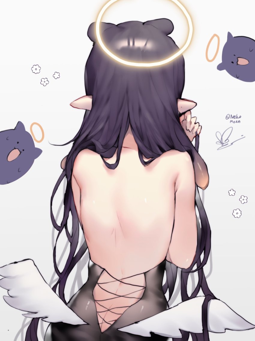 1girl, artist_name, back, back_focus, backless_dress, backless_outfit, black_dress, black_hair, butt_crack, dress, gradient_hair, halo, highres, hololive, hololive_english, long_hair, multicolored_hair, nekomeen, ninomae_ina'nis, orange_hair, pointy_ears, sidelocks, signature, simple_background, solo, takodachi_(ninomae_ina'nis), tentacle_hair, very_long_hair, virtual_youtuber, white_background
