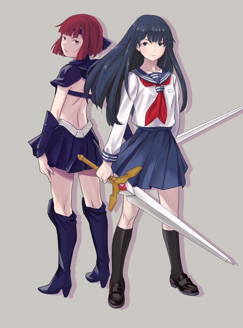 2girls, aki_hiro, armor, armored_boots, asou_yuuko, bandana, bikini_armor, black_footwear, blouse, blue_eyes, blue_sailor_collar, blue_skirt, boots, breasts, closed_mouth, commentary_request, dark_valis, full_body, grey_background, headband, high_heel_boots, high_heels, highres, holding, holding_sword, holding_weapon, kirishima_reiko, kneehighs, loafers, long_hair, long_sleeves, looking_at_viewer, midriff, mugen_senshi_valis, multiple_girls, neckerchief, parted_lips, pleated_skirt, purple_armor, purple_bandana, purple_footwear, purple_headband, purple_scarf, purple_skirt, red_eyes, red_hair, red_neckerchief, sailor_collar, scarf, school_uniform, serafuku, shirt, shoes, short_hair, shoulder_pads, simple_background, skirt, small_breasts, socks, standing, sword, vambraces, very_long_hair, weapon, white_shirt