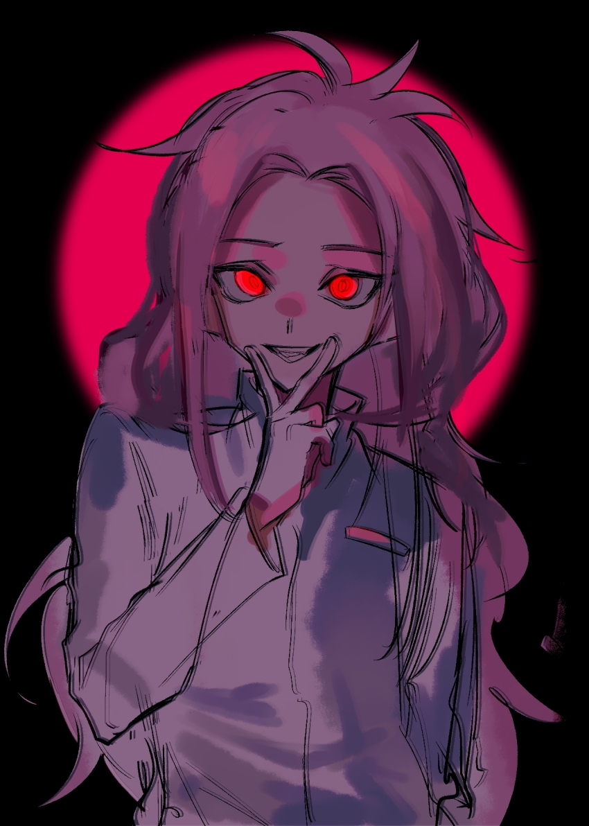 1boy, chinese_commentary, commentary_request, crazy_eyes, dice156, grin, hand_on_own_chin, hatsutori_hajime