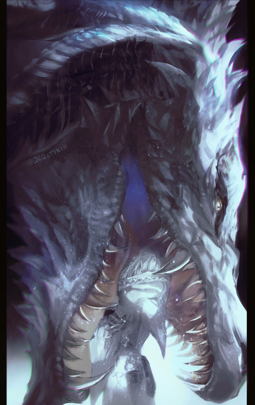 1girl, black_gloves, chromatic_aberration, coat, cowboy_shot, curled_horns, dragon, elezen