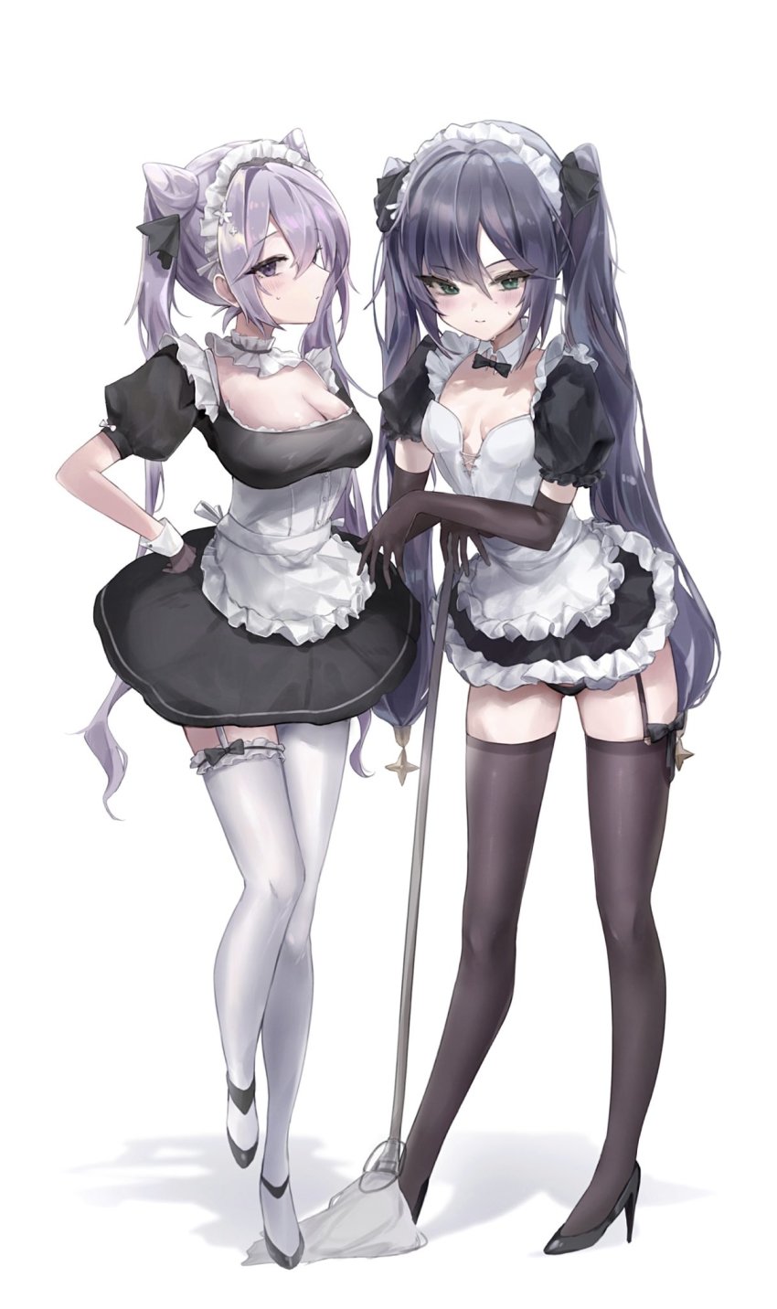 2girls, alternate_costume, apron, black_bow, black_bowtie, black_dress, black_footwear, black_panties, blush, bow, bowtie, breasts, breasts_apart, brown_gloves, brown_thighhighs, choker, cleavage, closed_mouth, collar, commentary, cone_hair_bun, cross-laced_clothes, detached_collar, double_bun, dress, elbow_gloves, english_commentary, enmaided, flower, frilled_apron, frilled_choker, frilled_dress, frilled_hairband, frilled_sleeves, frilled_thigh_strap, frills, full_body, garter_straps, genshin_impact, gloves, green_eyes, hair_between_eyes, hair_bun, hair_flower, hair_ornament, hairband, hand_on_own_hip, high_heels, highres, hisiya_(wldn1112), keqing_(genshin_impact), leaning, leaning_on_object, leg_up, legs, long_hair, maid, maid_headdress, medium_breasts, mona_(genshin_impact), mop, multiple_girls, panties, pantyhose, ponytail, puffy_short_sleeves, puffy_sleeves, purple_eyes, purple_hair, shadow, short_sleeves, simple_background, single_leg_pantyhose, single_thighhigh, small_breasts, standing, standing_on_one_leg, sweatdrop, thigh_strap, thighhighs, thighs, twintails, underwear, very_long_hair, white_apron, white_background, white_choker, white_collar, white_hairband, white_pantyhose, white_thighhighs, wrist_cuffs