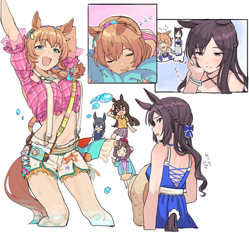 5girls, animal_ears, arm_behind_head, arm_up, blue_dress, blush, braid, braided_ponytail