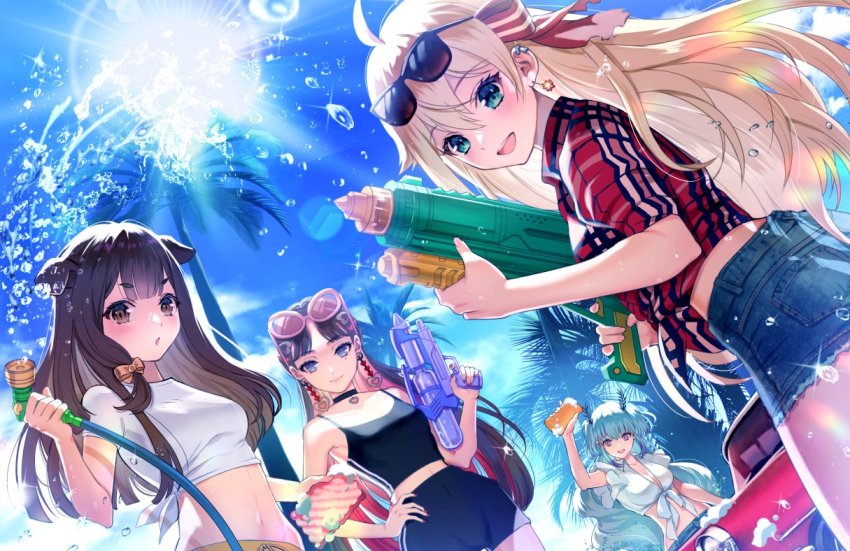 4girls, :o, animal_ears, antennae, ashiyafuku, black_camisole, blonde_hair, blue_eyes