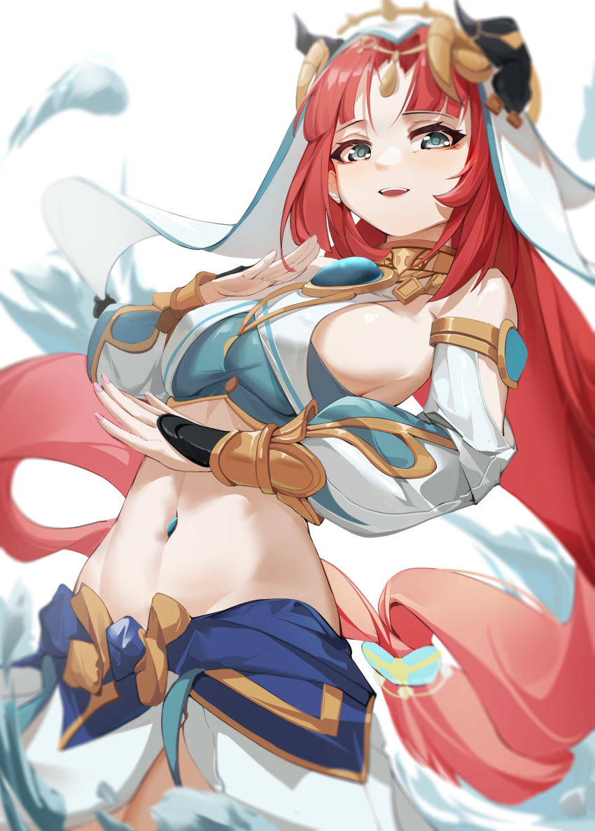 absurdres, bad_id, bad_pixiv_id, bare_shoulders, blue_eyes, blunt_bangs, bracer, breasts, forehead_jewel, genshin_impact, highres, horns, katachi_noboru_nishikino, long_hair, long_sleeves, low_twintails, midriff, navel_piercing, nilou_(genshin_impact), open_mouth, piercing, red_eyes, sideboob, skirt, smile, stomach, twintails, vambraces, veil