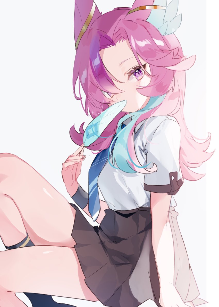 1girl, absurdres, black_skirt, black_socks, blue_hair, blue_necktie, bracelet, breasts