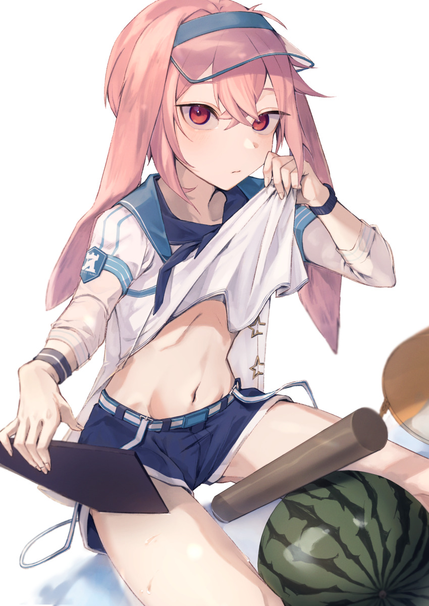 1boy, absurdres, animal_ears, ansel_(arknights), ansel_(casual_vacation)_(arknights), arknights, blue_shorts, clothes_lift, crossed_bangs, food, fruit, hair_between_eyes, highres, holding, lifting_own_clothes, long_sleeves, looking_at_viewer, lop_rabbit_ears, male_focus, midriff, navel, official_alternate_costume, pink_hair, rabbit_boy, rabbit_ears, red_eyes, sakana-ko, shirt_lift, short_hair, shorts, simple_background, sitting, solo, stick, trap, visor_cap, watch, watermelon, watermelon_between_thighs, white_background, wristwatch