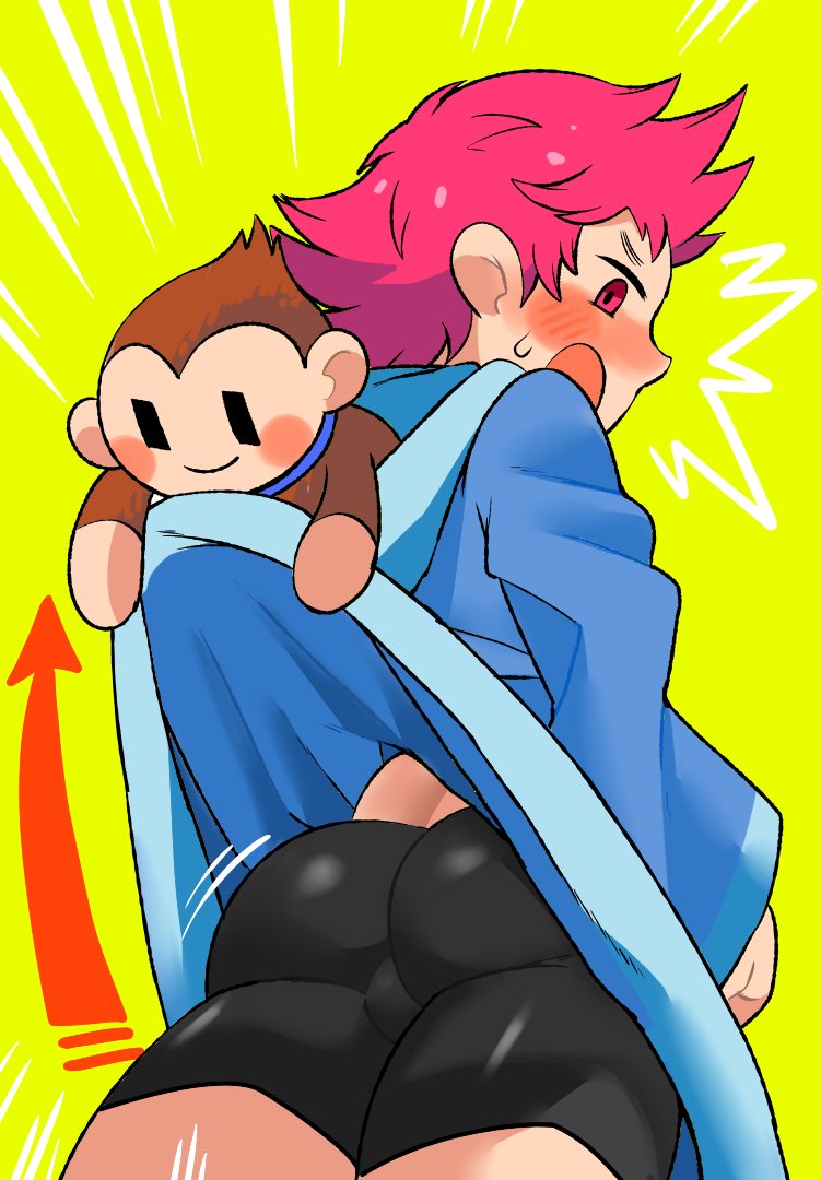 1girl, ass, bike_shorts, blush, hood, hoodie, kumatora, looking_at_viewer, looking_back, monkey, mother_(series), mother_3, nintendo, oasis_(magnitude711), open_mouth, pink_eyes, pink_hair, salsa_(mother), short_hair, simple_background, solo, suggestive_fluid