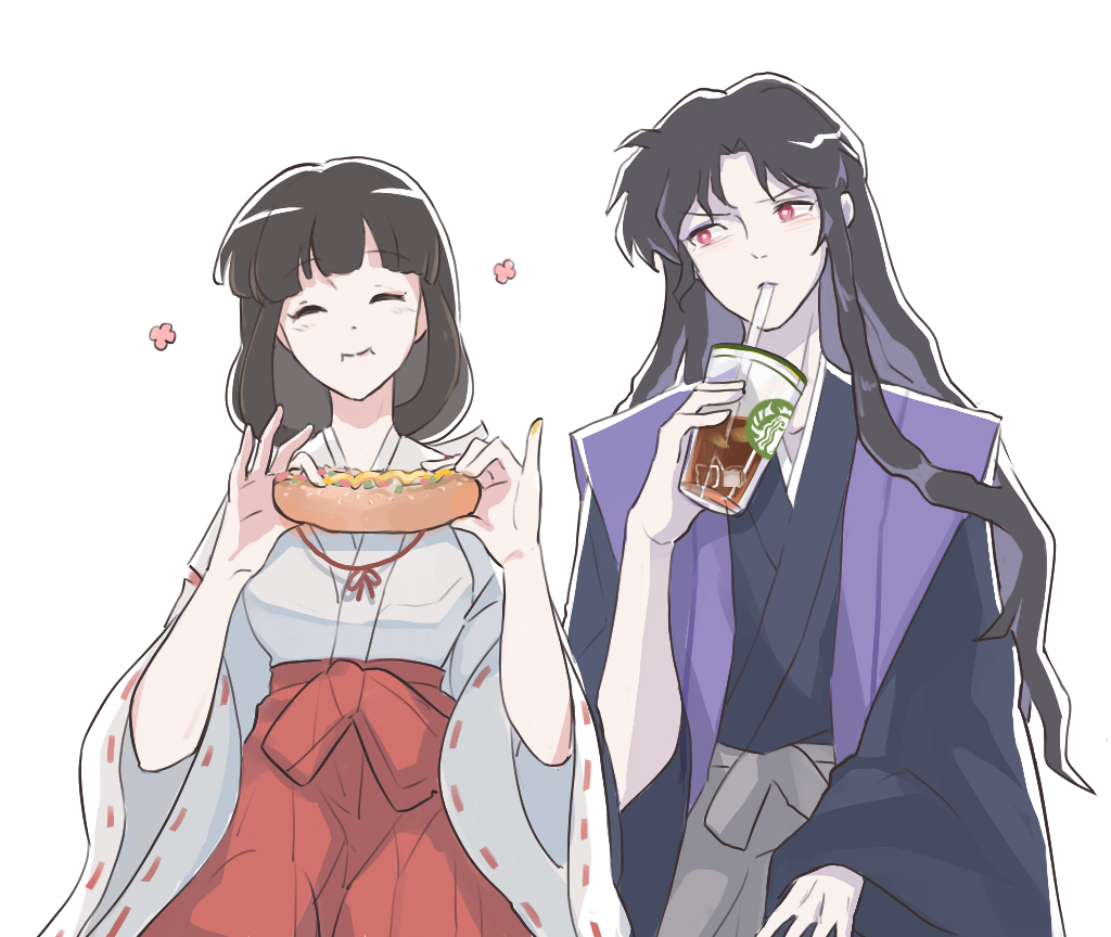 1boy, 1girl, ^_^, anachronism, black_hair, blush, closed_eyes, coffee