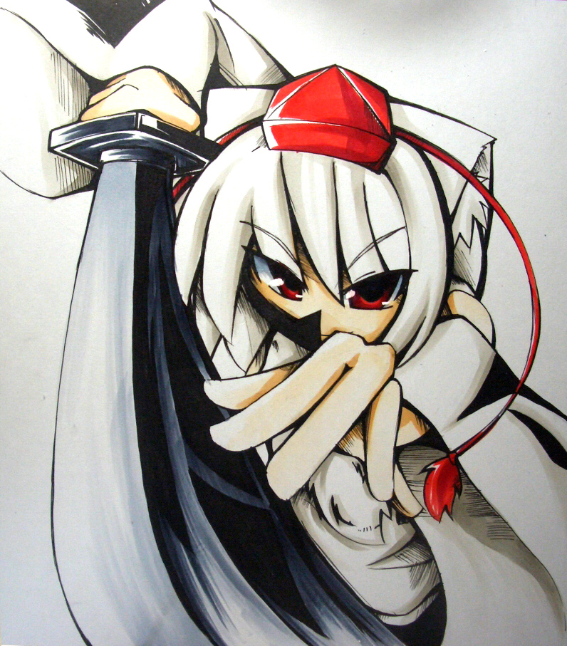 1girl, animal_ears, female_focus, hat, inubashiri_momiji, red_eyes, ryu_(multitask), ryuu_(multitask)