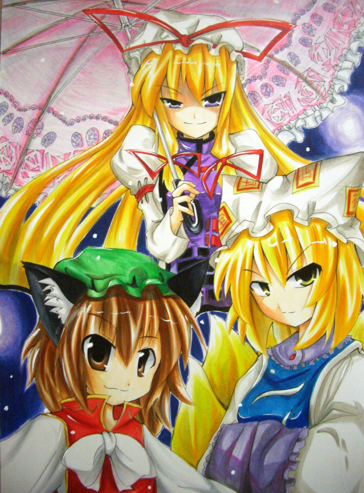 3girls, animal_ears, blonde_hair, brown_eyes, brown_hair, cat_ears, cat_girl, cat_tail