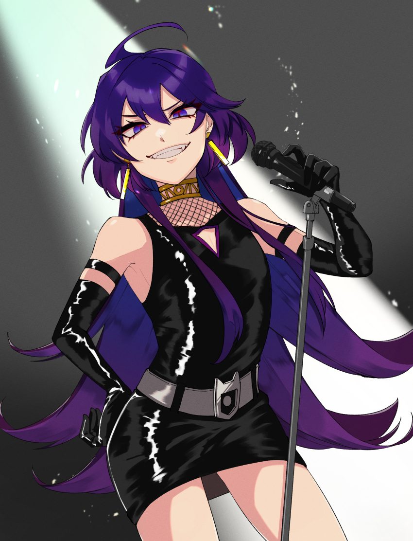 1boy, absurdres, ahoge, alternate_costume, alternate_hair_length, alternate_hairstyle, bare_shoulders, belt, black_gloves, black_skirt, blue_eyes, blue_hair, crossdressing, crossdressing_(mtf), dark_persona, earrings, elbow_gloves, fangs, gloves, grin, highres, jewelry, leather, leather_skirt, long_hair, looking_at_viewer, mairimashita!_iruma-kun, microphone, skirt, smile, smug, sumuna_sunaco, suzuki_iruma, suzuki_iruma_(evil_cycle), very_long_hair
