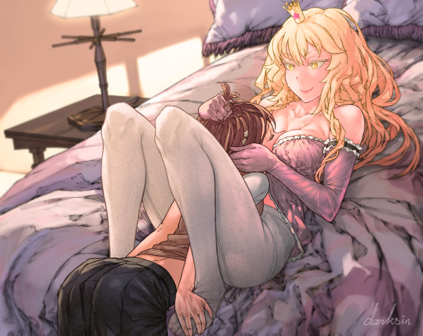 2girls, bed, between_breasts, between_legs, between_thighs, breasts, darksin, female_focus, grabbing_another's_hair, head_between_breasts, highres, holding_another's_hair, large_breasts, misaka_mikoto, multiple_girls, school_uniform, shokuhou_misaki, skirt, toaru_kagaku_no_railgun, toaru_majutsu_no_index, toaru_majutsu_no_index_gaiden:_toaru_kagaku_no_mental_out, tokiwadai_school_uniform, yuri