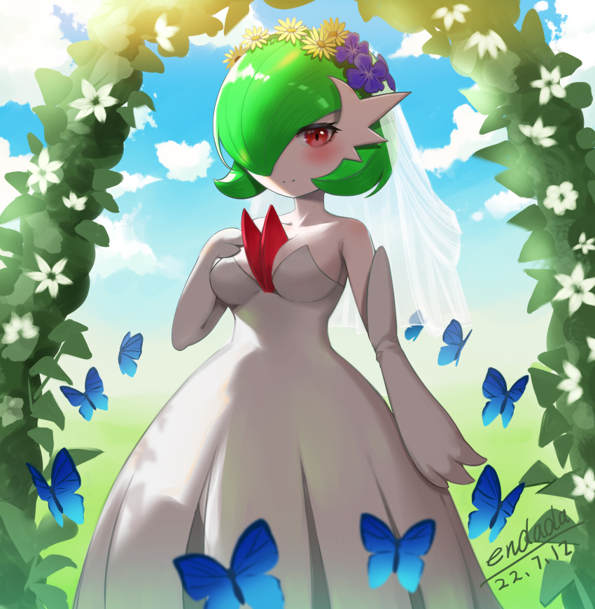 1girl, absurdres, arch, arm_at_side, artist_name, backlighting, bare_shoulders, blue_sky, blush, bob_cut, breasts, bridal_veil, bride, bug, butterfly, closed_mouth, cloud, collarbone, colored_skin, daisy_(flower), dated, day, dress, elbow_gloves, enddada, female_focus, flower, flower_wreath, gardevoir, gen_3_pokemon, gloves, green_hair, hair_over_one_eye, hand_up, happy, highres, insect, lily_(flower), looking_at_viewer, medium_breasts, mega_gardevoir, mega_pokemon, nintendo, one_eye_covered, outdoors, pokemon, pokemon_(creature), purple_flower, red_eyes, short_hair, signature, sky, smile, solo, split_mouth, standing, strapless, strapless_dress, veil, wedding_dress, white_dress, white_flower, white_gloves, white_skin, yellow_flower