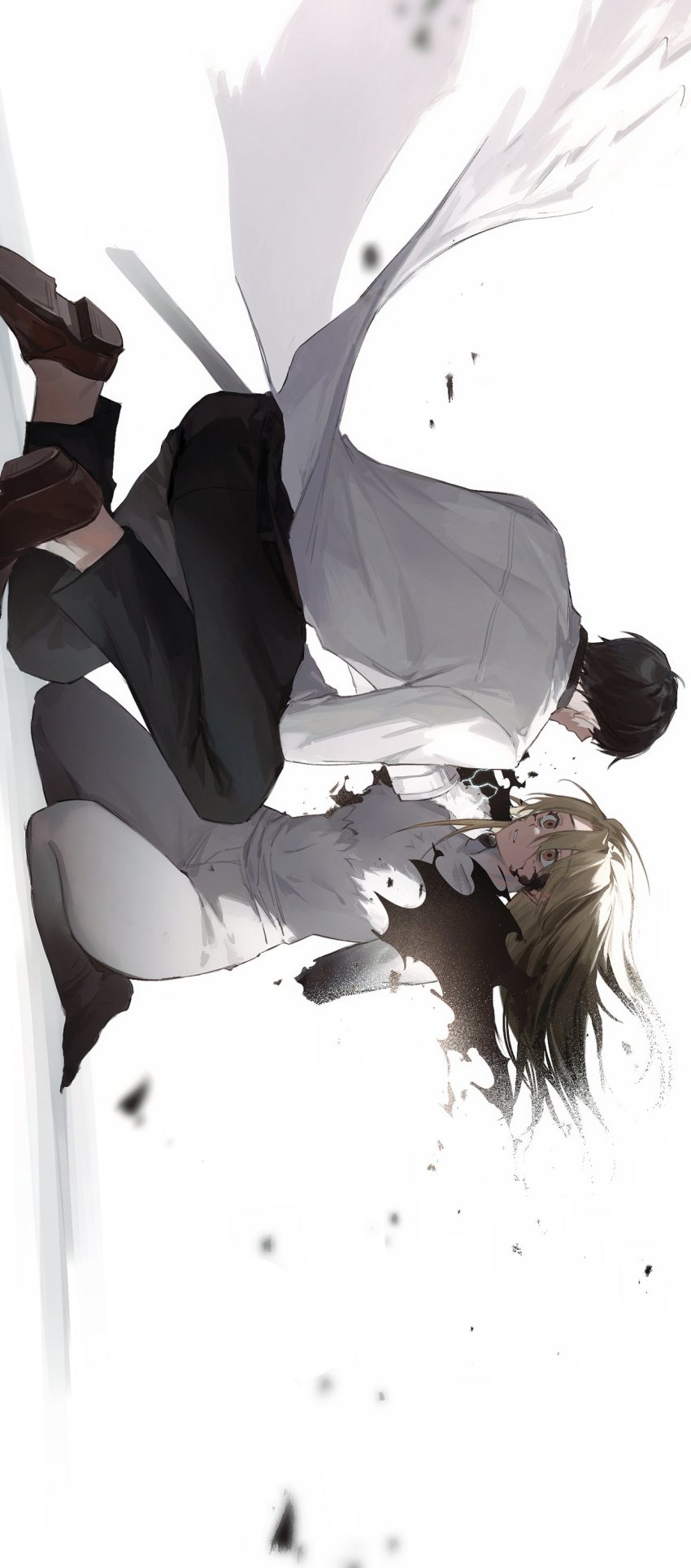 1boy, 1girl, absurdres, amputee, black_hair, blonde_hair, brown_eyes, disintegration